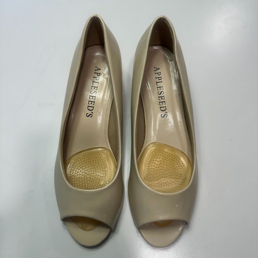 Nude Patent Peep Toe Low Wedge Heel Slip On Pumps Shoes Size 7.5
